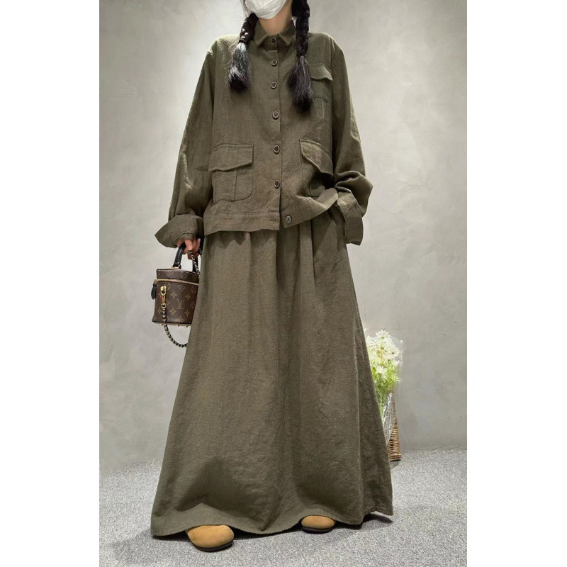 cz9989纯色棉麻拼接宽松休闲外套女2024新款时尚气质外搭两件套装