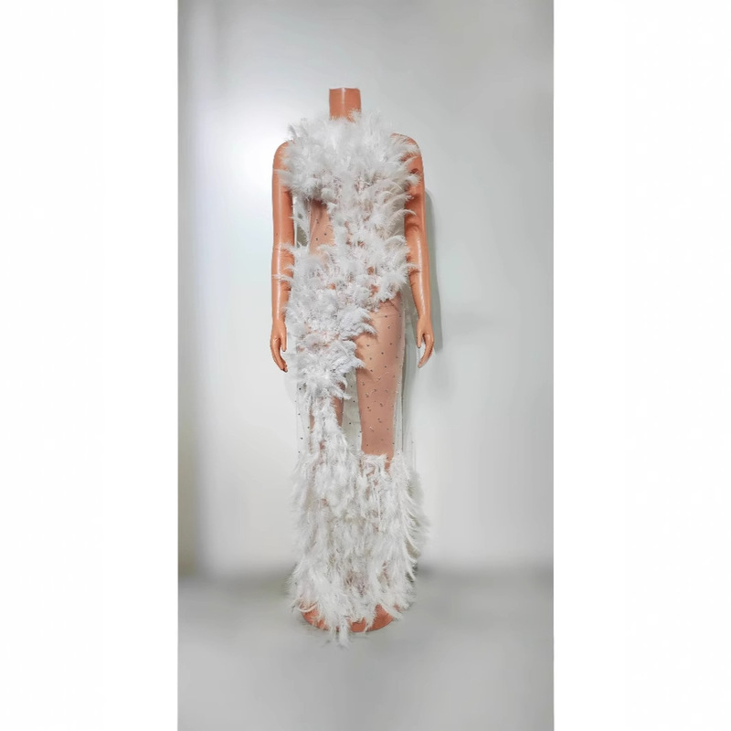 White Feather Perspective Dress Costumes Sexy Mesh Celebrity Fashion Party Dress Club Stage Wear