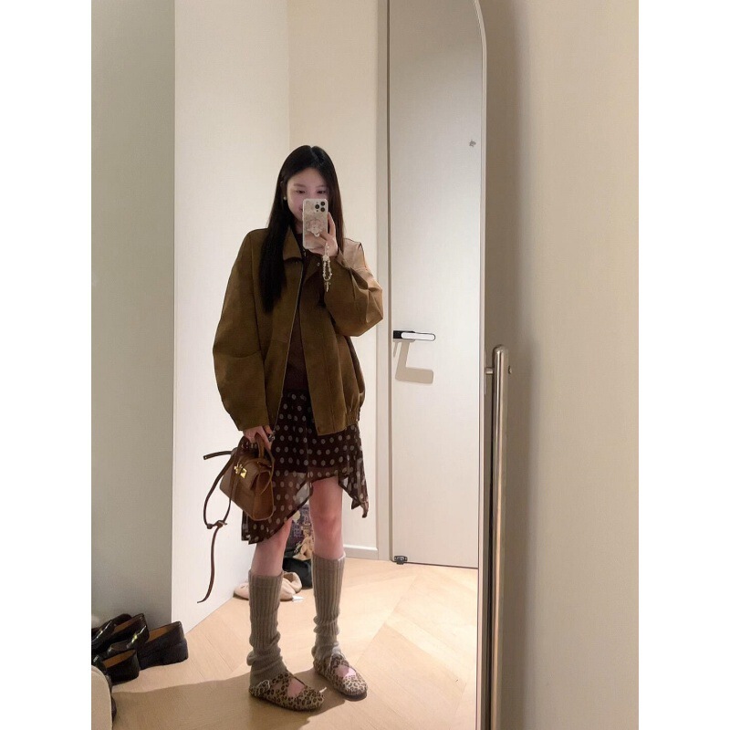 Maillard Retro Brown Jacket Off-Shoulder Sweatshirt Irregular Polka Dot Skirt Suit