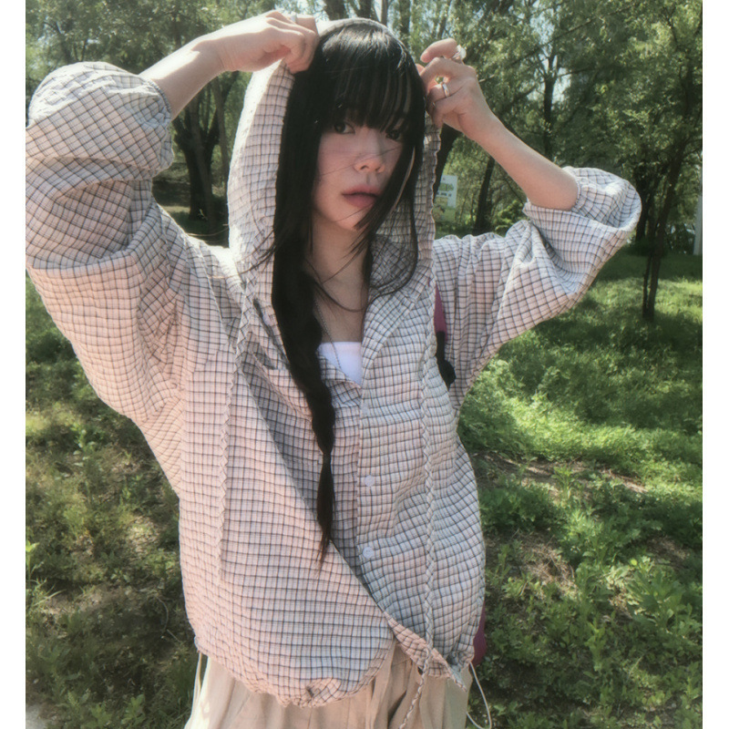 In Stock Autum New Korean Style Simple Classic Plaid Hooded Long-Sleeved Fashionable Hem Drawstring Jacket for Women