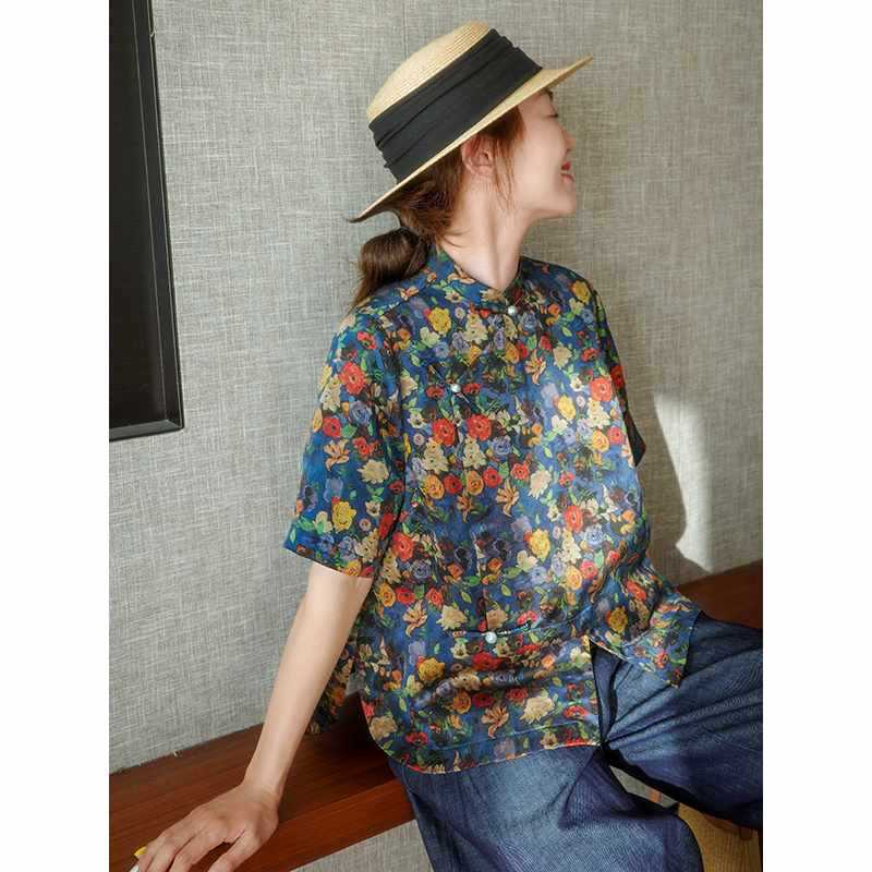 2026 Summer New Silk Shirt Short Style Oil Painting-Like Silk New Chinese Style Xiangyun Silk Blouse Mulberry Silk Top