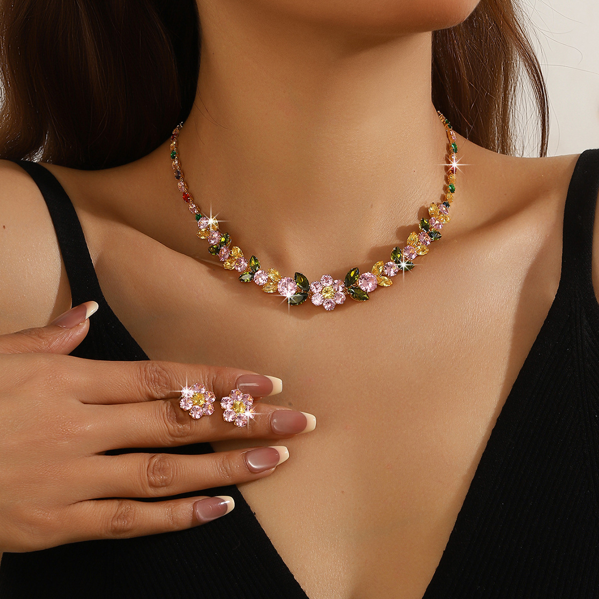 Collar de color de la industria pesada amazona orejas joyas set de moda de lujo vestido de novia cena joyas de zircon mujer image 21