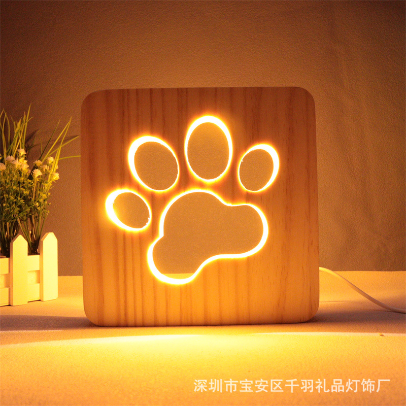 Cross-border Bestselling 3D Solid Wood Engraved Cat Paws Hollow Night Light LED Creative Festival Gift Lamp Eye-Caring Desk Lamp