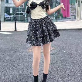 碎花洋气半身裙子女夏季薄款宽松显瘦大码高腰a字裙法式蛋糕短裙