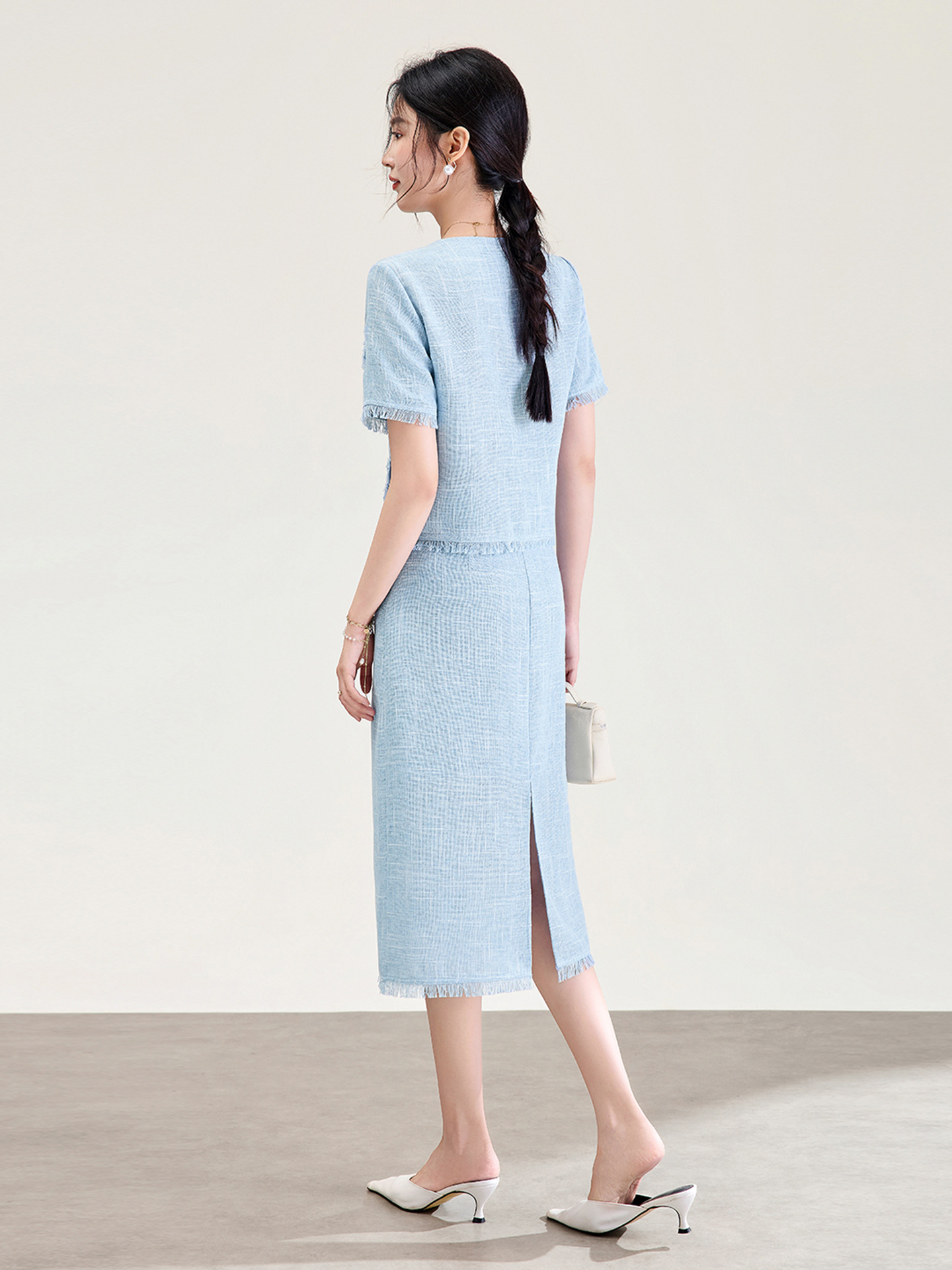 Bộ hai mảnh áo tay ngắn kiểu Chanel + chân váy midi cao cấp nữ mùa hè — xanh lam