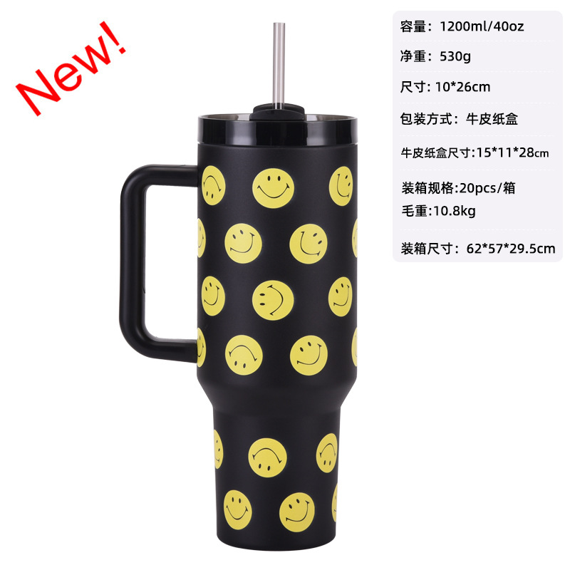 Nuevo tema sonriente de acero inoxidable termo taza con leche de paja taza de té taza de café traje mango deportes taza de agua