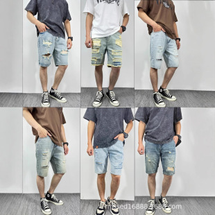 Cross-border Trendy Brand Denim Shorts Men's Summer Loose Outer Wear Five-point Medium Pants Capri breeches Straight Casual Pants for Men