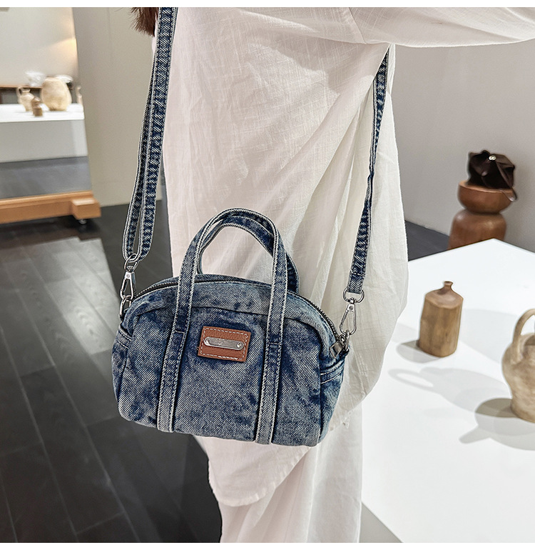 Washed Denim Mini Boston Zip Crossbody Bag 26