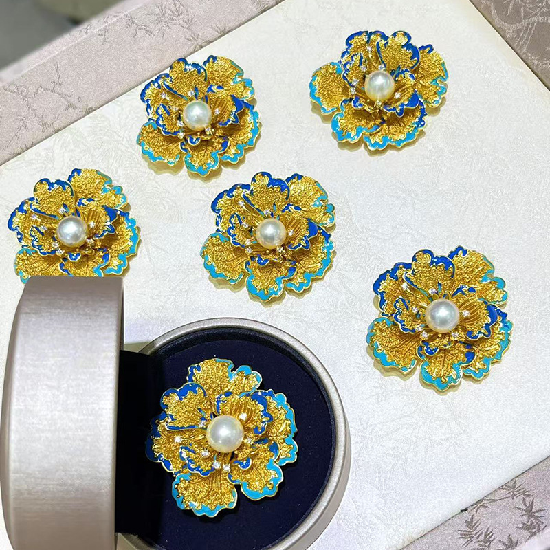DIY Accessories Retro Chinese Style Peony Flower Brooch for Women Enamel Painted Fashion Versatile Pin Pearl Brooch Base