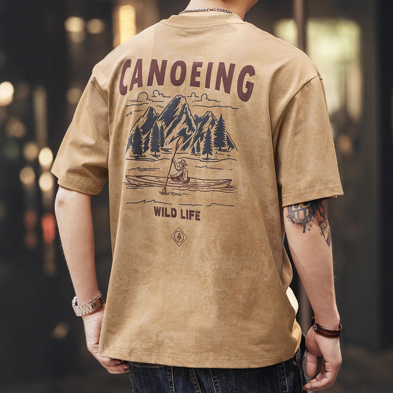 280g Heavyweight Retro Cloud-Dyed Printed Short-Sleeved T-Shirt for Men, Summer Loose Trendy Brand American-Style Round-Neck Half-Sleeved T-Shirt