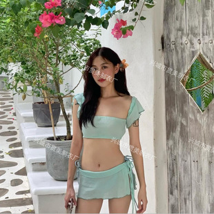New Retro Korean Style Mesh Pure Desire Wind Small Chest Beach Vacation Pure Desire Hot Spring Three-piece Set Skirt Swimsuit for Women