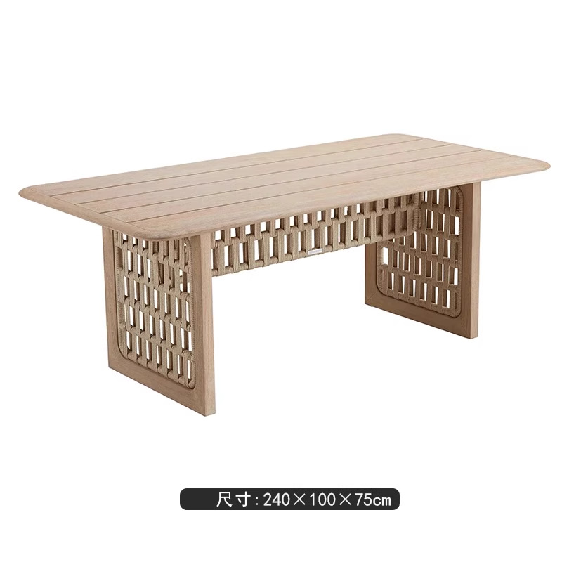 Mesas y sillas de ratán de teca al aire libre Combinación Villa Patio Jardín Mesa al aire libre Mesa larga de ocio Muebles de solárium al aire libre