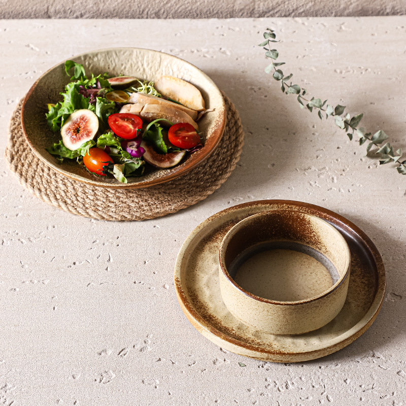 日式酒店餐厅私厨民宿餐具复古盘子餐盘意面盘沙拉碗盘粗陶碗碟