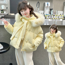 新款冬季女童黄色棉衣时尚保暖大毛领外套洋气冬装上衣