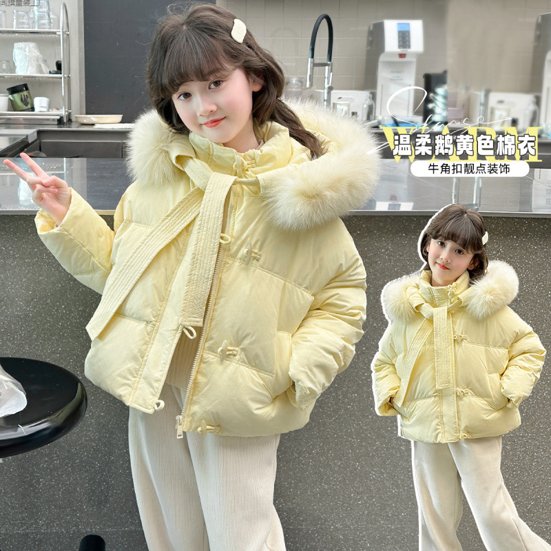 新款冬季女童黄色棉衣时尚保暖大毛领外套洋气冬装上衣