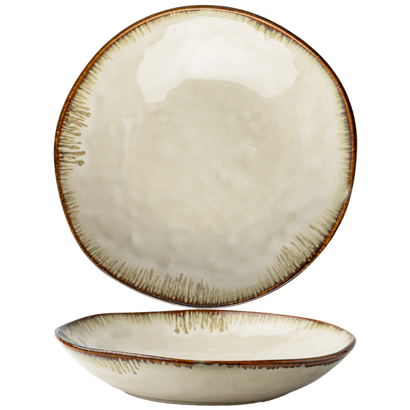 Plato de arroz de cerámica de alta apariencia irregular retro plato profundo de 9 pulgadas horno de exportación transfronteriza plato de platos