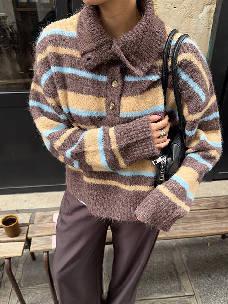 Nicho de diseño de moda con solapa suéter a rayas de manga larga 2025 nuevo otoño y invierno transfronterizo estilo europeo y americano