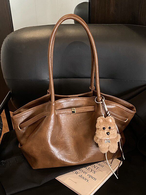 Túi xô nữ dáng tote xách tay dung tích lớn phong cách retro, đeo vai và kẹp nách — Màu nâu cà phê không kèm phụ kiện, Màu nâu không kèm phụ kiện, Màu đen không kèm phụ kiện, Màu nâu có móc treo