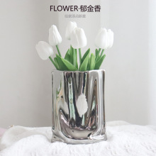 郁金香高级感轻奢褶皱电镀布袋花瓶创意摆件电视柜玄关餐桌装饰品