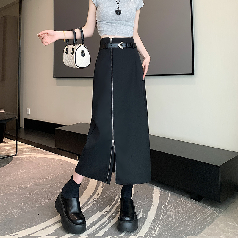 实拍不规则开叉中长裙女高腰名媛风半身裙感拉链包臀裙字裙