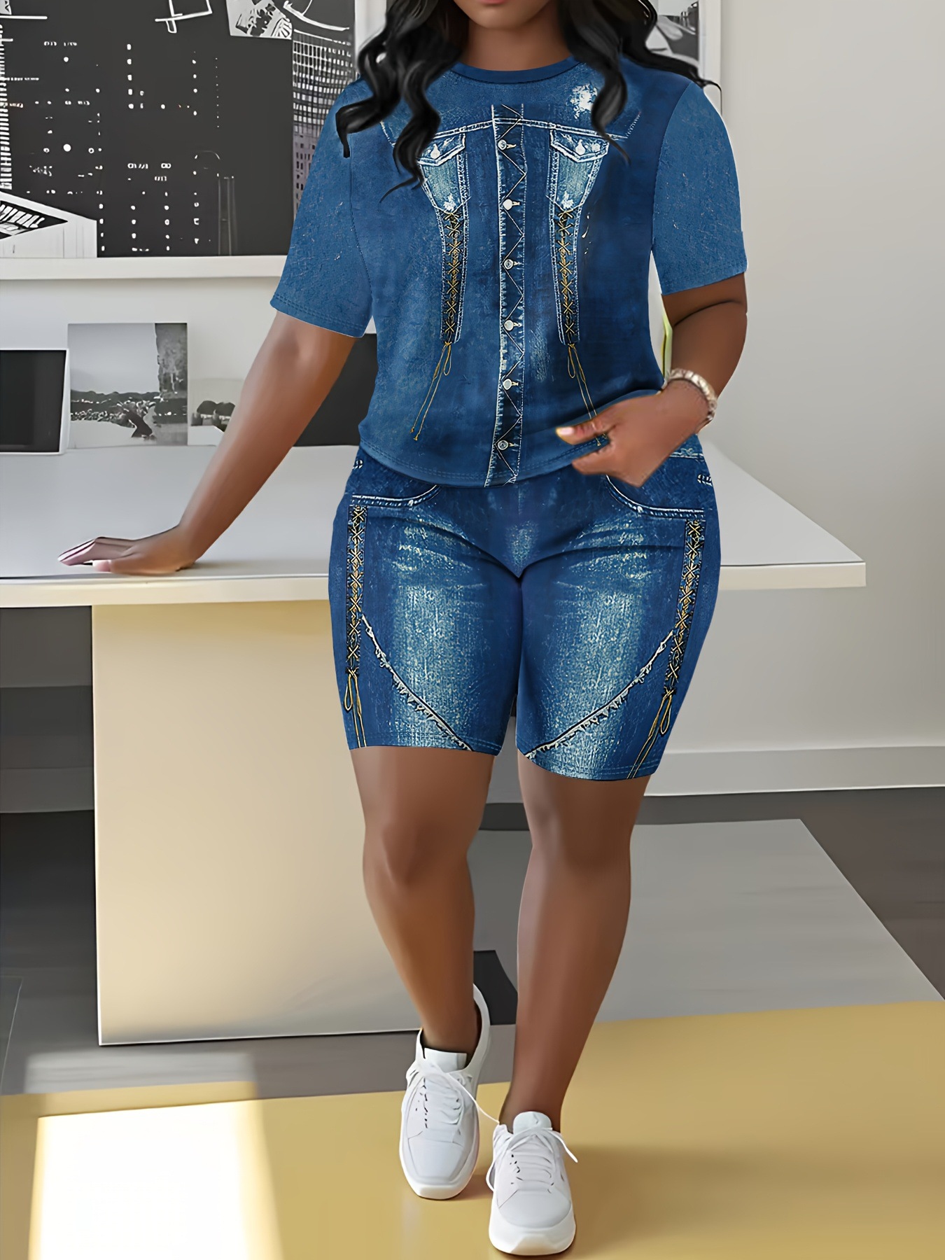 Completo da donna in denim stampato, composto da top a maniche corte con scollo rotondo e vestibilità ampia e pantaloncini aderenti._voghion.com