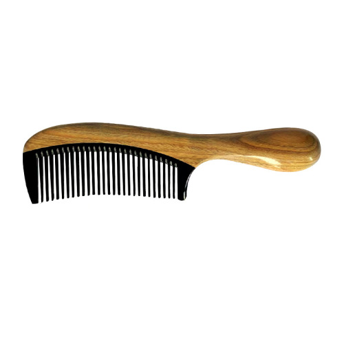 Wholesale green sandalwood horn horn drum handle comb dense tooth round head handle comb women's long hair comb lettering plus label gift comb