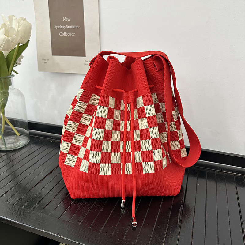 Nuevo bolso de cubo con cordón, bolso de punto, bolso de mano casual de gran capacidad, tablero de ajedrez, bolso tejido de moda de doble clavija