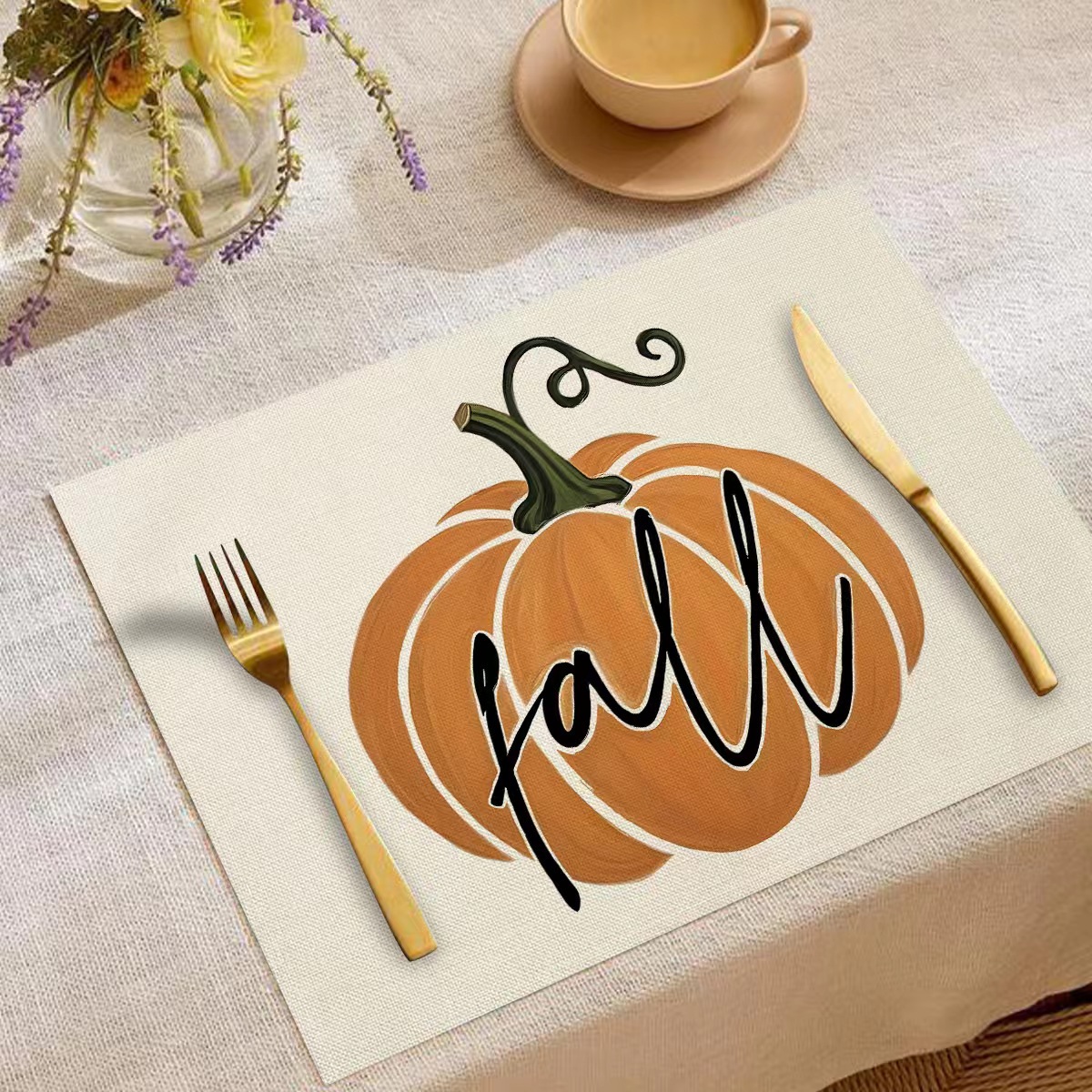 Transfronterizo temu explosión Día de Acción de Gracias otoño calabaza lino estampado conjunto lino estampado mesa de restaurante