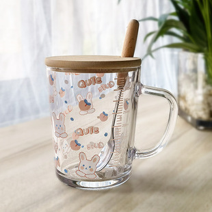 ins Glass Cartoon Printed Suction Tube Cup with Spoon Scale Cute Milk Cup Breakfast Cup Gift Printed logo