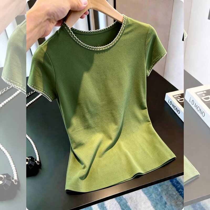 Forest Green Short-Sleeve Slim-Fit Round-Neck Lace T-Shirt for Women, 2026 Summer Style, Gentle and Intellectual Outfit, Soft Style Top