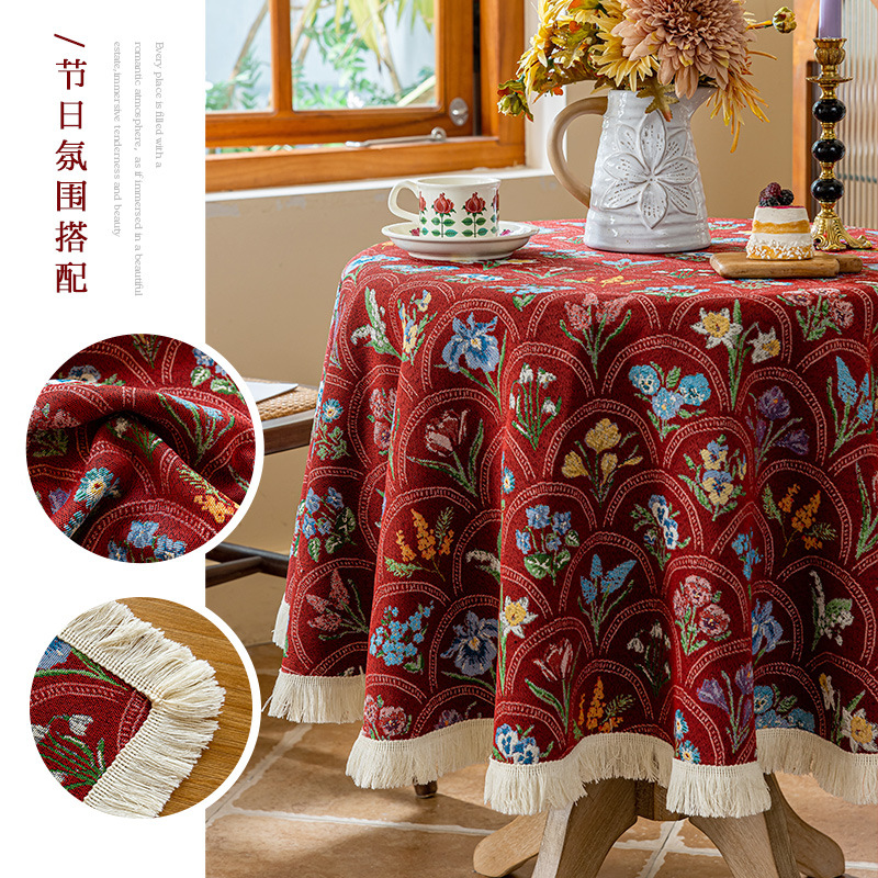 New French Retro Light Luxury Tablecloth Jacquard Tassel Cotton and Linen Table Cover Round Table Decoration Fabric Cover Dropshipping