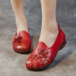 2024 New Soft Soled Women's Shoes Autumn Slip-On Cowhide Small Leather Shoes Ethnic Style Outerwear Non-Slip Shoes Women's Wholesale