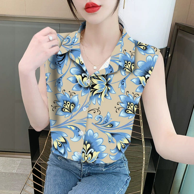 Женская свободная шифоновая блузка без рукавов с принтом на лацканах, с воротником поло, закрывающая живот, для трансграничной торговли