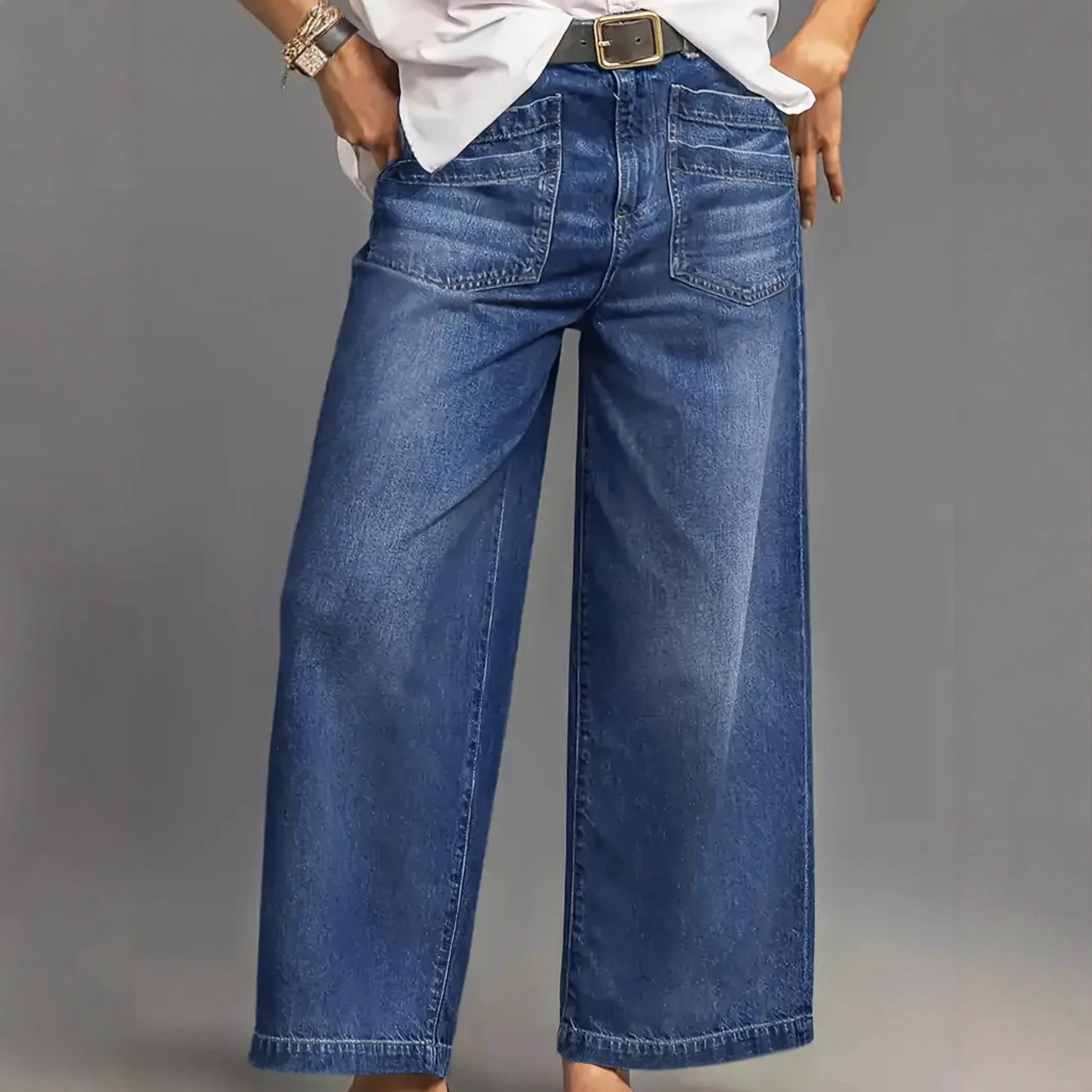 Women's Clothing Mid-Rise Wide Leg Jeans Retro Washed Cuffs Frayed Hem Slanted Pockets Cropped Length Denim_ecoleips.com