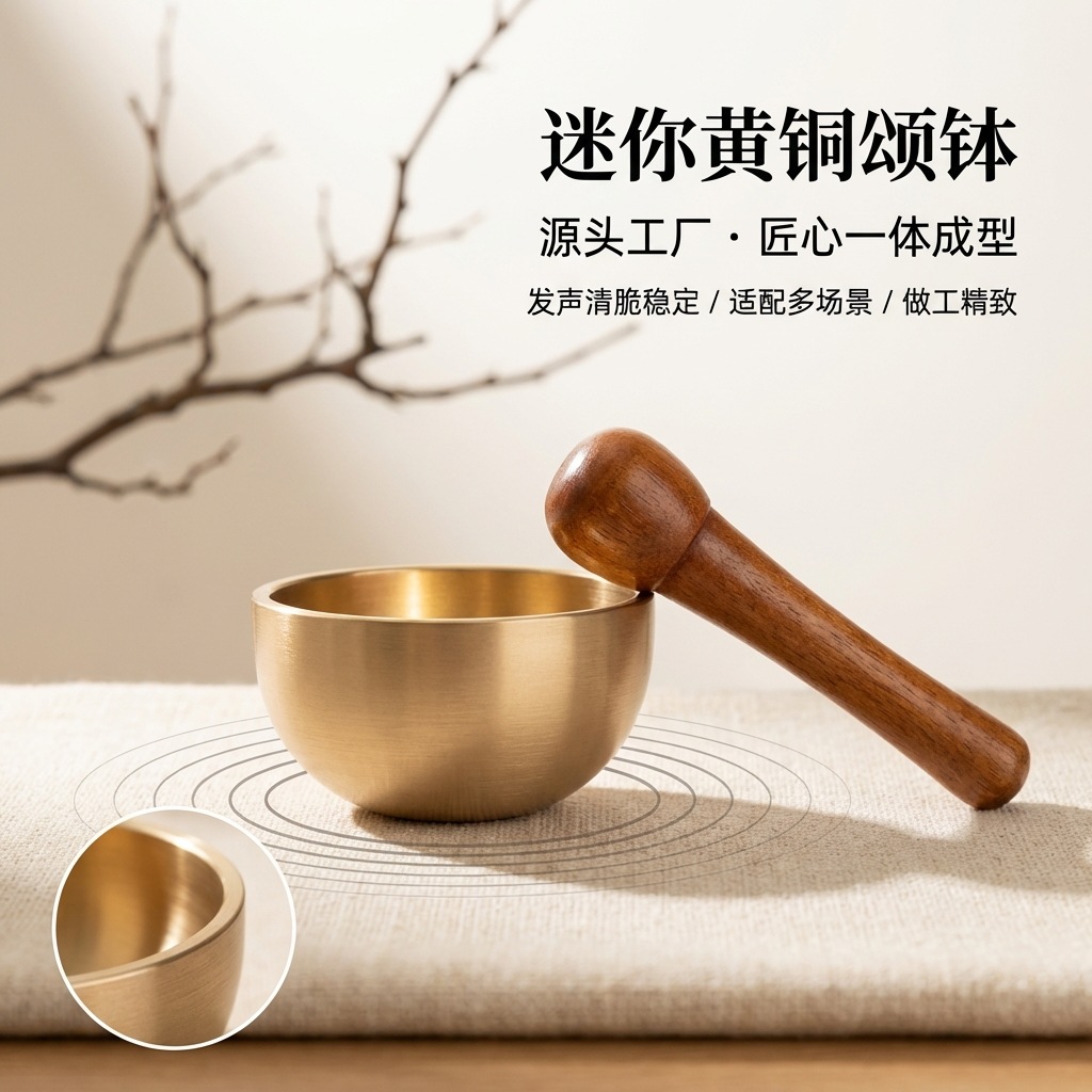 源头工厂迷你黄铜颂钵 桌面解压冥想音疗小铜钵治愈 配实木敲棒
