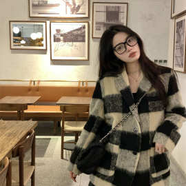 毛呢格子西装外套女冬季潮牌复古设计感小众宽松百搭加厚呢子上衣