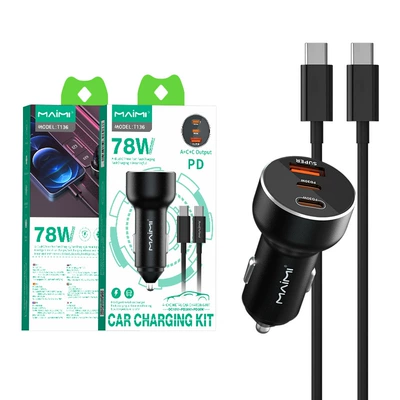 Mai Mai T136 Car Charger Siqaret yandırıcısı - suit-78w-three-in-one-car-fast-charging-set-pd-cable