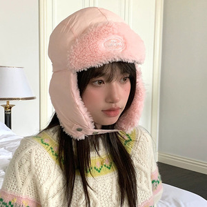韩国立体刺绣小圆标内里加厚羊羔绒雷锋帽冬天保暖防寒滑雪帽子女