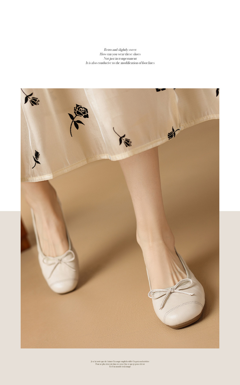 Giày ballet nữ mũi tròn đế bệt da cừu mềm nơ bướm — Màu nâu chi tiết 7