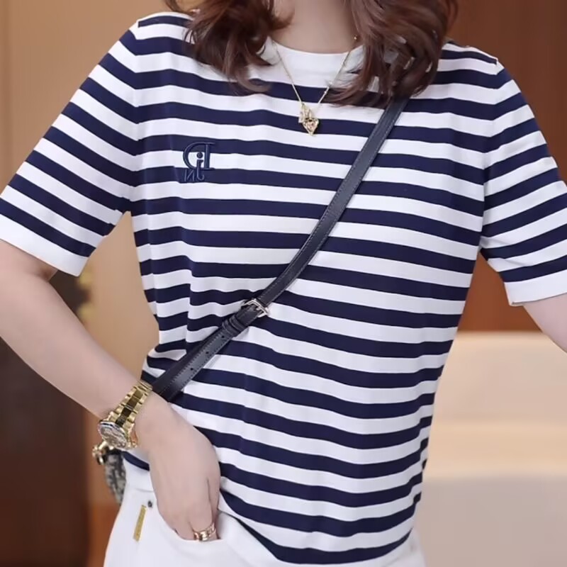 Pure Cotton Striped Round Neck Short-Sleeve T-Shirt for Women, Summer Slim-Fit, Flattering, Versatile Casual Korean Style Top, Base Shirt