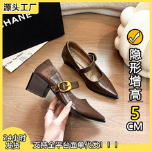 走量款外贸版粗跟5CM复古金属一字带扣粗跟小单鞋女浅口尖头气质