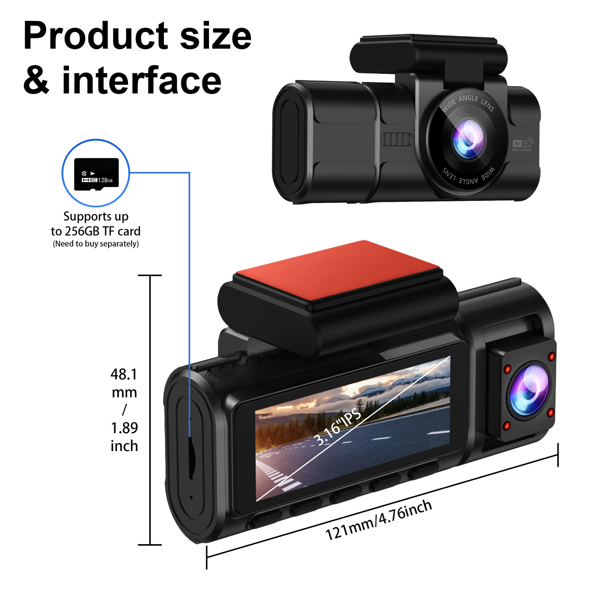 4K Ultra Hd Three Lens Driving Recorder Super Night Vision Wifi In-Car 180 ° Fish Eye 4K+1K+1K