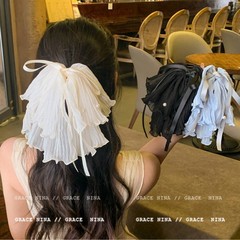 韓国の優しいメッシュリボンリボンポニーテールグリッパーパール装飾高頭蓋固定ヘアピン女性ジュエリー
