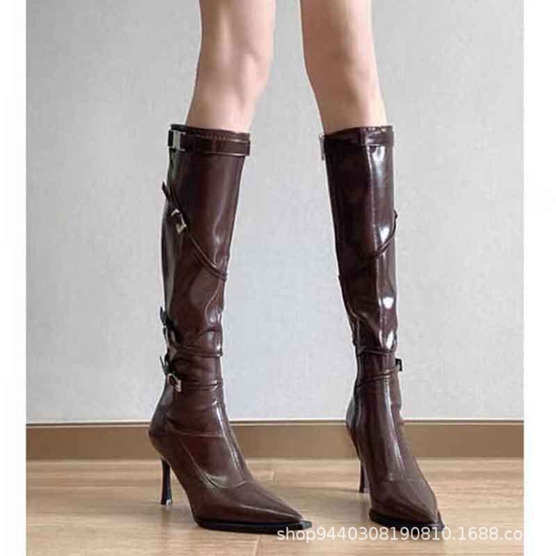 Pointed High Heel Boots Women's Autumn 2024 New Arrival Belt Buckle Stretch Thin Boots Small Figure Thin High Boots