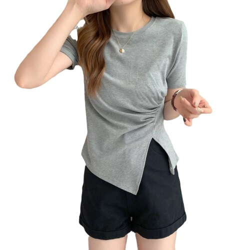 Unstructured Women's T-Shirt 2025 Summer Korean Version Slimming High-Waisted Side Slit French Splicing T-shirt Top