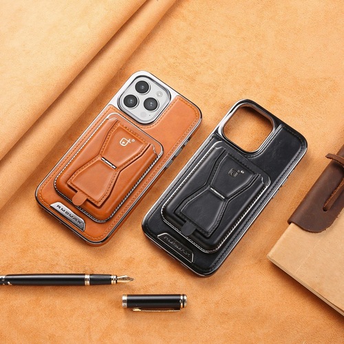 Business Leather Card Holder Magnetic Stand Suitable for iPhone15PRO Phone Case, Missing Label, Electroplated Leather Texture, Apple14