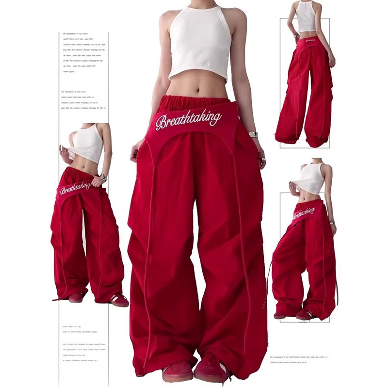 Unique and Super Stylish Red Pants for Women, Summer American Retro Jazz Street Dance Wide-Leg Loose Straight Cargo Pants Trendy
