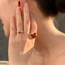 KL四叶草戒指梵克雅宝红玉髓高级轻奢不掉色重工开口可调节指环女