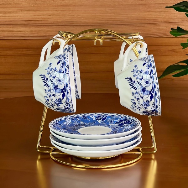 Conjunto de tazas y platos de café de porcelana azul, set de tazas y platos de café de cerámica, set de tazas y platos de café de la tarde, M cucharada de tazas y platos de desayuno