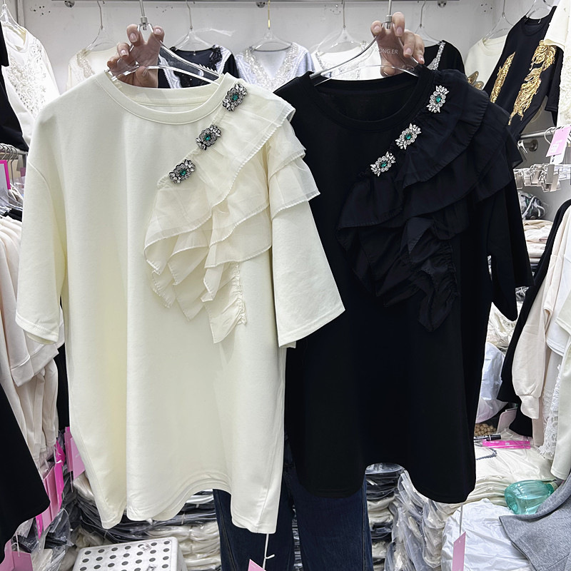 European and American Style Heavy-Duty Rhinestone Ruffle Short-Sleeve T-Shirt for Women, New Summer Loose Round-Neck Fashion Versatile Top